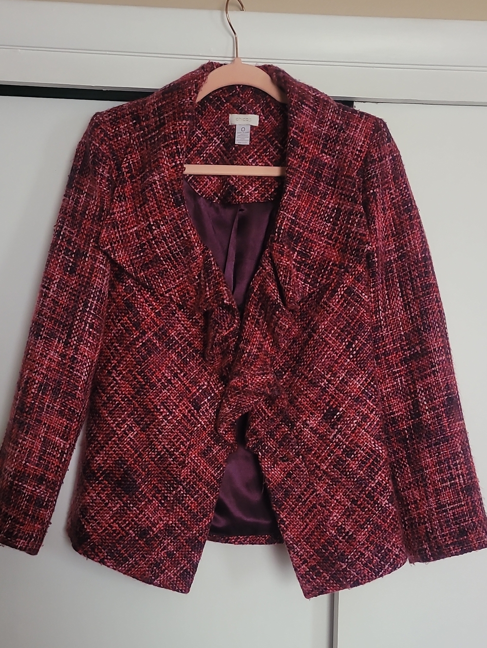 Chico's Burgundy Multi Tweed Ruffle Front Blazer